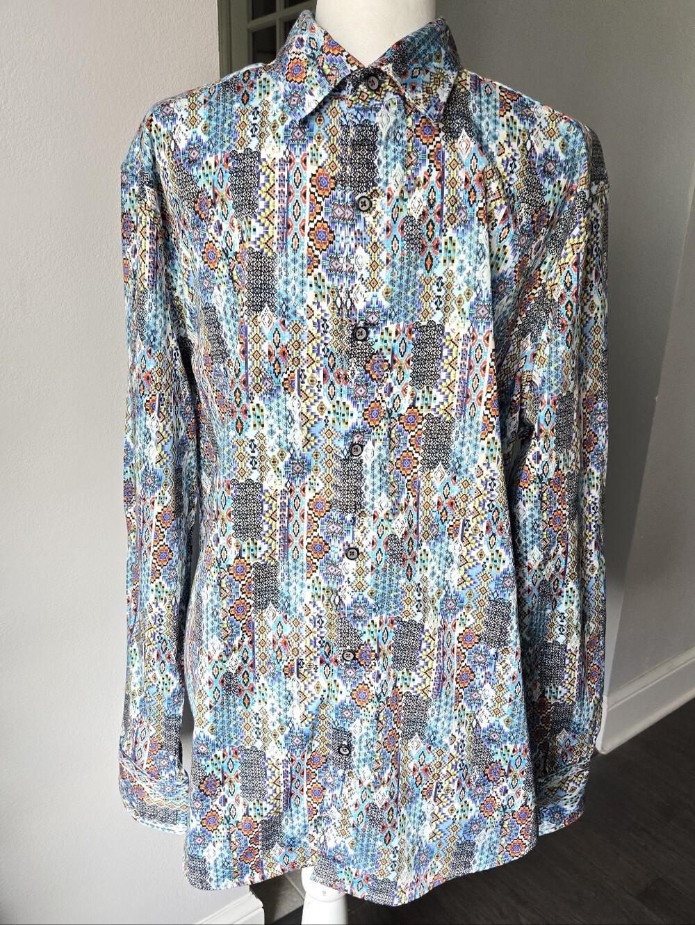 Robert Graham Merola Shirt Mens XL Multicolor Geometric Tribal Cotton Stretch